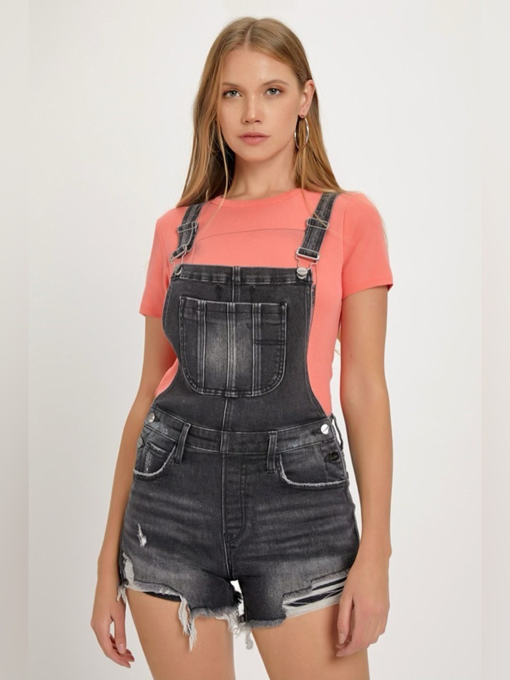 Washed Black Denim Short Overalls - Women's